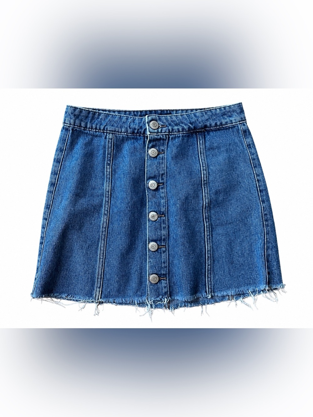 Title: Aeropostale High Rise Button Front Denim Mini Skirt Size 4 Raw Hem Jean